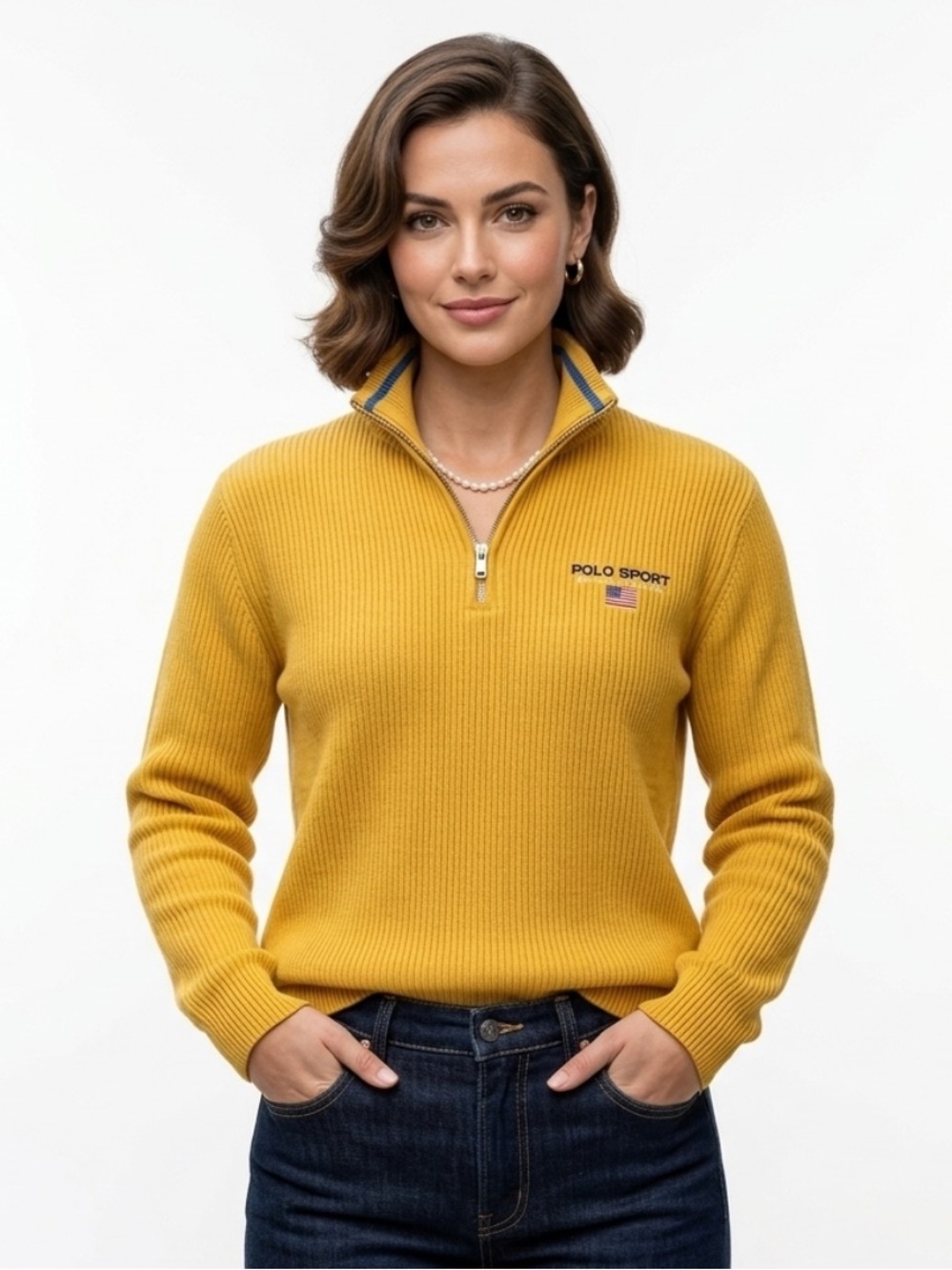 Vintage Y2K Polo Sport Ralph Lauren Yellow Ribbed 1/4 Zip Pullover Sweater Large